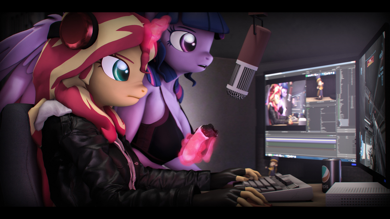 Size: 9056x5094 | Tagged: safe, artist:imafutureguitarhero, derpibooru import, sci-twi, sunset shimmer, twilight sparkle, twilight sparkle (alicorn), alicorn, anthro, unicorn, 3d, absurd file size, absurd resolution, bepis, black bars, black underwear, bra, breasts, chromatic aberration, cleavage, clothes, colored eyebrows, colored eyelashes, computer, computer monitor, computer mouse, computer screen, controller, droste effect, duo, female, figure, film grain, fingerless gloves, gloves, halo (series), halo reach, hat kid, headphones, horn, jacket, keyboard, leather gloves, leather jacket, levitation, long hair, long mane, magic, mare, microphone, monitor, mousepad, multicolored hair, multicolored mane, multitasking, nose wrinkle, pepsi, reasonably sized breasts, recursion, revamped anthros, revamped ponies, scitwilicorn, soda, source filmmaker, telekinesis, underwear, video game, wall of tags, wings, xbox one, xbox one controller