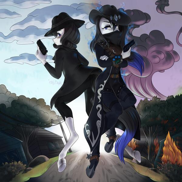 Size: 3000x3000 | Tagged: safe, artist:hollybright, derpibooru import, oc, oc:frontier justice, oc:shadow spade, anthro, unguligrade anthro, unicorn, fallout equestria, fallout equestria: kingpin, alter ego, aura, beauty mark, black eyeshadow, blank, blank of rarity, blue eyes, clothes, commissioner:genki, cowboy hat, cowboy outfit, dead eyes, detective, discharge, fedora, gun, handgun, hat, horn, magic, magic aura, mane highlights, messy mane, mutation, not rarity, pipbuck, pistol, scar, spurs, trenchcoat, unicorn oc, vigilante, weapon, wet, wet mane