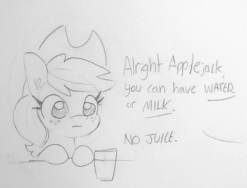 Size: 1070x814 | Tagged: safe, artist:tjpones, derpibooru import, part of a set, applejack, earth pony, pony, apple, applejack's hat, black and white, cowboy hat, dialogue, female, food, glass, grayscale, hat, mare, monochrome, offscreen character, simple background, that pony sure does love apples, traditional art, white background