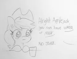 Size: 1070x814 | Tagged: safe, artist:tjpones, derpibooru import, part of a set, applejack, earth pony, pony, apple, applejack's hat, black and white, cowboy hat, dialogue, female, food, glass, grayscale, hat, mare, monochrome, offscreen character, simple background, that pony sure does love apples, traditional art, white background