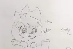 Size: 1070x720 | Tagged: safe, artist:tjpones, derpibooru import, part of a set, applejack, earth pony, pony, apple, applejack's hat, black and white, cowboy hat, dialogue, female, food, freckles, glass, grayscale, hat, mare, monochrome, offscreen character, simple background, that pony sure does love apples, traditional art, white background