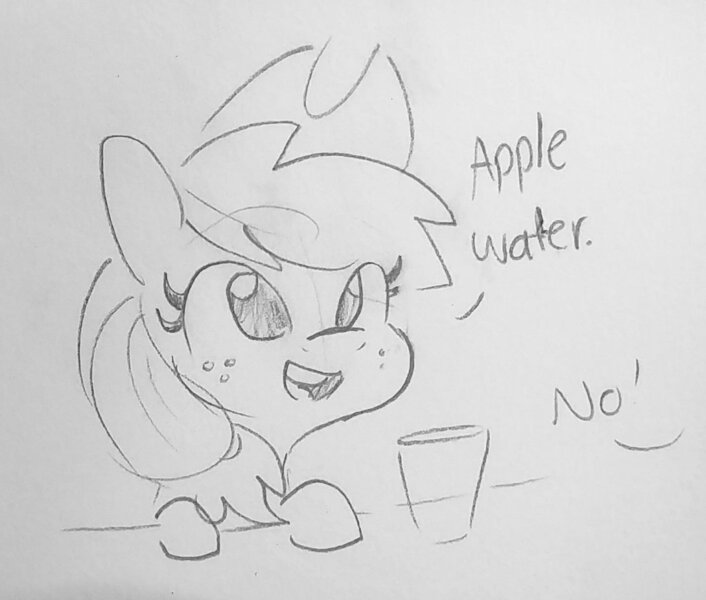 Size: 1023x870 | Tagged: safe, artist:tjpones, derpibooru import, part of a set, applejack, earth pony, pony, apple, applejack's hat, black and white, cowboy hat, cute, dialogue, female, food, freckles, glass, grayscale, hat, jackabetes, mare, monochrome, offscreen character, simple background, that pony sure does love apples, traditional art, white background