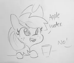 Size: 1023x870 | Tagged: safe, artist:tjpones, derpibooru import, part of a set, applejack, earth pony, pony, apple, applejack's hat, black and white, cowboy hat, cute, dialogue, female, food, freckles, glass, grayscale, hat, jackabetes, mare, monochrome, offscreen character, simple background, that pony sure does love apples, traditional art, white background