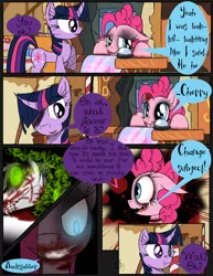 Size: 888x1150 | Tagged: semi-grimdark, artist:didun850, derpibooru import, pinkie pie, twilight sparkle, oc, oc:lustrum, earth pony, pony, unicorn, comic:my little enenra friendship is insane, black eye, blood, bruised, comic, dialogue, female, glowing eyes, grin, hair over one eye, male, mare, pinkamena diane pie, sad, smiling, stallion, sugarcube corner, unicorn twilight