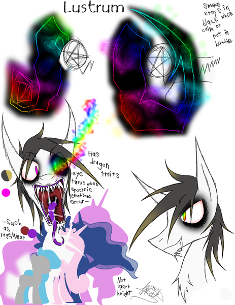 Size: 888x1150 | Tagged: safe, artist:didun850, derpibooru import, oc, oc:lustrum, unofficial characters only, earth pony, pony, bust, chest fluff, earth pony oc, eyeliner, glowing eyes, heterochromia, makeup, male, pentagram, reference sheet, sharp teeth, sombra eyes, stallion, teeth, tongue out
