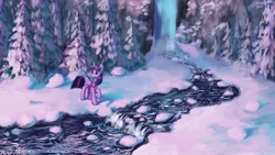 Size: 1920x1080 | Tagged: safe, artist:tinybenz, derpibooru import, twilight sparkle, twilight sparkle (alicorn), alicorn, pony, clothes, female, fir tree, forest, mare, river, scarf, scenery, snow, solo, tree, waterfall, winter
