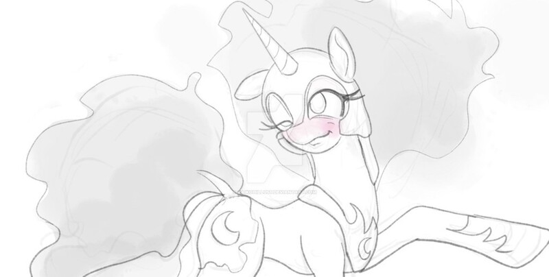 Size: 1024x517 | Tagged: safe, artist:raikoh, derpibooru import, nightmare moon, blushing, deviantart watermark, doodle, drunk, drunk eyes, lineart, looking back, obtrusive watermark, shading, sketch, watermark