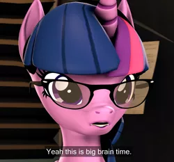 Size: 2034x1896 | Tagged: safe, artist:psfmer, derpibooru import, twilight sparkle, twilight sparkle (alicorn), alicorn, pony, 3d, big brain time, caption, glasses, markiplier, meme, ponified meme, solo, source filmmaker, subtitles