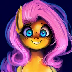 Size: 4096x4096 | Tagged: safe, artist:miokomata, derpibooru import, fluttershy, pegasus, pony, semi-anthro, adoracreepy, blue background, blushing, bust, chest fluff, creepy, creepy smile, cute, ear fluff, fangs, female, fluffy, folded wings, freckles, freckleshy, grin, looking at you, mare, neck fluff, shyabetes, simple background, slasher smile, smiling, solo, squee, staring into your soul, wings