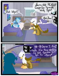 Size: 3500x4500 | Tagged: safe, artist:becauseimpink, derpibooru import, gilda, rainbow dash, gryphon, pegasus, pony, comic:transition, annoyed, bed, cap, clothes, comic, dialogue, female, guilder, hat, mare, pillow, rule 63, transgender, unshorn fetlocks