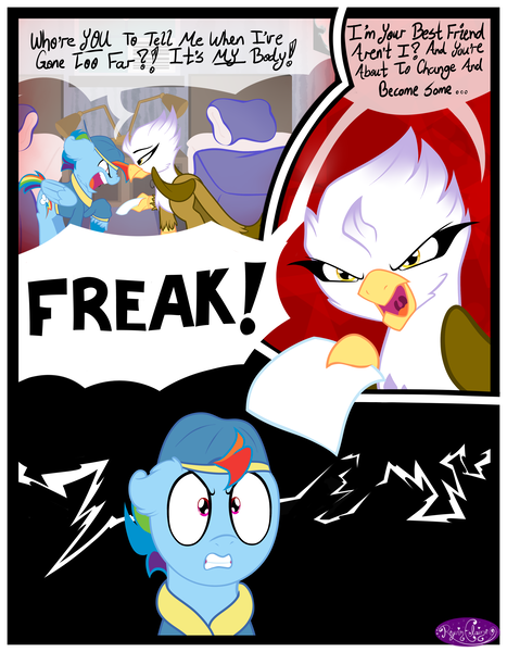 Size: 3500x4500 | Tagged: safe, artist:becauseimpink, derpibooru import, gilda, rainbow dash, gryphon, pegasus, pony, comic:transition, angry, bed, cap, clothes, comic, dialogue, female, floppy ears, gritted teeth, guilder, hat, mare, pillow, rule 63, transgender, transphobia, yelling