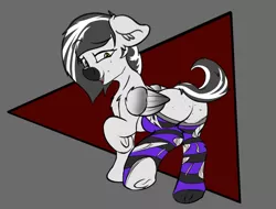 Size: 926x703 | Tagged: safe, artist:scarrly, derpibooru import, pegasus, pony, ambiguous gender, butt freckles, clothes, featureless crotch, floppy ears, freckles, ripped stockings, socks, solo, striped socks, tail lift, underhoof