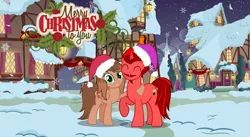 Size: 3499x1922 | Tagged: safe, artist:kathrinethegamerpony, derpibooru import, oc, oc:jasper pie, oc:kathrine, unofficial characters only, pegasus, pony, unicorn, christmas, female, hat, holiday, male, mare, santa hat, snow, stallion