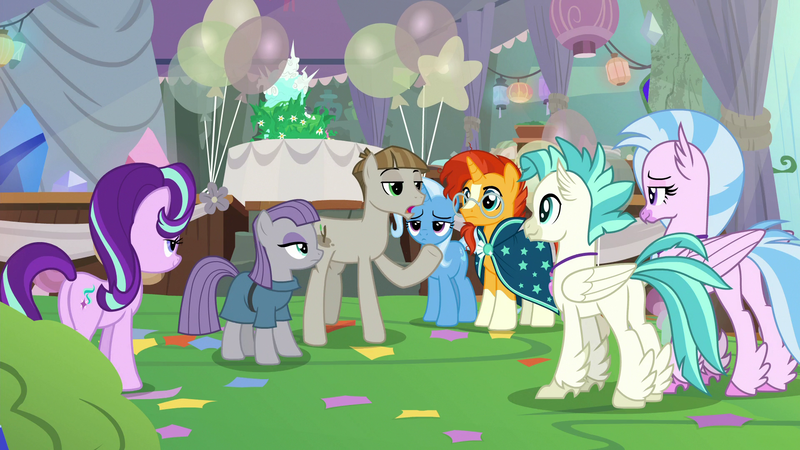 Size: 1920x1080 | Tagged: safe, derpibooru import, screencap, maud pie, mudbriar, silverstream, starlight glimmer, sunburst, terramar, trixie, classical hippogriff, earth pony, hippogriff, unicorn, student counsel, balloon, cake, equinox cake, food