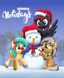 Size: 800x966 | Tagged: safe, artist:jhayarr23, derpibooru import, oc, oc:deliriam, oc:smooth walker, oc:turquoise droplet, unofficial characters only, bat pony, earth pony, pegasus, pony, clothes, male, red nose, scarf, snow, snowman, stallion