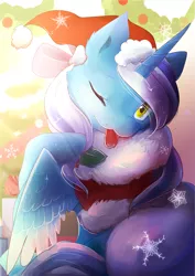 Size: 1655x2340 | Tagged: safe, artist:nutty-stardragon, derpibooru import, oc, oc:fleurbelle, alicorn, adorable face, alicorn oc, bow, christmas, christmas decoration, christmas lights, christmas presents, clothes, costume, cute, female, hair bow, hat, holiday, holly, horn, mare, one eye closed, santa costume, santa hat, snow, snowflake, tongue out, wings, wink, yellow eyes