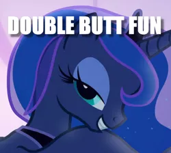 Size: 668x599 | Tagged: butt fun, caption, cropped, derpibooru import, edit, edited screencap, image macro, lidded eyes, meme, princess luna, screencap, secret butt fun, suggestive, text, the fun has been doubled, to where and back again