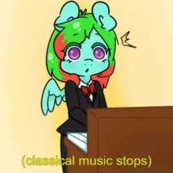 Size: 797x797 | Tagged: anthro, artist:themoustachemare, blurry, bowtie, clothes, colored pupils, derpibooru import, edit, gradient background, jazz music stops, keyboard, meme, musical instrument, :o, oc, oc:precised note, open mouth, pegasus, piano, playing, safe, shocked, shocked expression, simple background, spread wings, standing, startled, suit, text, tuxedo, wings