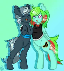 Size: 800x885 | Tagged: safe, derpibooru import, oc, oc:precised note, unofficial characters only, changeling, pegasus, pony, :d, bowtie, changeling oc, clothes, colored pupils, cutie mark, eyes closed, gradient background, hole, hug, huggies, one eye closed, open mouth, standing, suit, tuxedo, wings