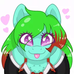 Size: 768x768 | Tagged: safe, artist:minty spearla, derpibooru import, oc, oc:precised note, pegasus, pony, :p, bowtie, bust, clothes, colored eyelashes, colored pupils, eye clipping through hair, eyelashes, heart, heart eyes, hooves on cheeks, looking at you, smiling, suit, tongue out, tuxedo, wingding eyes