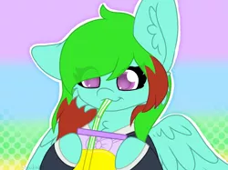 Size: 800x598 | Tagged: safe, artist:shadowmlp, derpibooru import, oc, oc:precised note, pegasus, pony, bowtie, clothes, colored background, colored pupils, cup, drink, drinking, eye clipping through hair, floppy ears, gradient background, holding, juice, slurp, slurping, spread wings, suit, tuxedo, wings