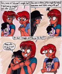 Size: 1374x1625 | Tagged: safe, artist:newyorkx3, derpibooru import, oc, oc:karen, oc:mikey, human, pony, angry, female, husband and wife, kakey, male, plushie, traditional art, unamused