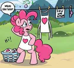 Size: 500x456 | Tagged: safe, artist:pippy, derpibooru import, pinkie pie, pony, pinkiepieskitchen, apron, basket, bipedal, clothes, cutie mark underwear, frilly underwear, iou, panties, purple underwear, ribbon, solo, underwear, what the hay?