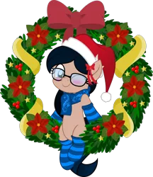 Size: 800x926 | Tagged: safe, artist:jhayarr23, derpibooru import, part of a set, oc, oc:crescend cinnamon, unofficial characters only, earth pony, pony, christmas wreath, clothes, female, glasses, jhayarr23's holiday ych, mare, movie accurate, one eye closed, scarf, simple background, socks, solo, striped socks, transparent background, wink, wreath