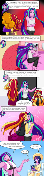 Size: 1000x4000 | Tagged: safe, artist:askmylastunicorn, artist:jake heritagu, derpibooru import, adagio dazzle, aria blaze, sci-twi, sunset shimmer, twilight sparkle, oc, oc:sparkling sapphire, comic:aria's archives, equestria girls, bed, bikini, blanket, blushing, breasts, chair, cleavage, clothes, comic, dialogue, female, flashback, glasses, holding hands, iphone, kissing, lesbian, magical lesbian spawn, midriff, mobile phone, offspring, parent:sci-twi, parent:sunset shimmer, parents:scitwishimmer, phone, pillow, shipping, smartphone, speech bubble, sunblaze, sunsagio, sunsetsparkle, swimsuit, tanktop, towel