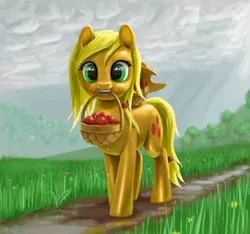 Size: 1600x1500 | Tagged: apple, applejack, artist:odooee, basket, cloud, derpibooru import, dirt path, female, food, grass, hat, hatless, mare, missing accessory, mouth hold, overcast, rain, safe, solo, wet, wet mane