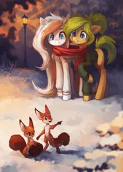 Size: 2202x3088 | Tagged: safe, artist:koviry, derpibooru import, oc, oc:oasis, oc:waffles, anthro, digitigrade anthro, earth pony, pegasus, pony, squirrel, anthro with ponies, clothes, furry, long mane, night, scarf, scenery, shared clothing, shared scarf, snow, streetlight, sweater, winter