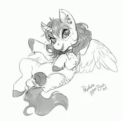 Size: 3500x3500 | Tagged: alicorn, alicorn oc, artist:phathusa, derpibooru import, female, grayscale, hooves, horn, looking at you, monochrome, oc, oc:moonbrush, piercing, safe, sketch, solo, wings