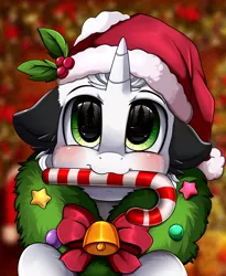 Size: 1446x1764 | Tagged: safe, artist:pridark, derpibooru import, oc, oc:ghost note, pony, unicorn, bell, blushing, candy, candy cane, christmas, commission, cute, food, hat, holiday, mouth hold, ocbetes, pridark's christmas ponies, santa hat, solo, wreath, ych result