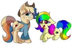 Size: 1117x715 | Tagged: safe, artist:rainbowtashie, author:bigonionbean, derpibooru import, braeburn, wind waker (character), oc, oc:rainbow tashie, oc:spicy cider, earth pony, pegasus, pony, clothes, commissioner:bigonionbean, cowboy hat, cutie mark, female, fusion, fusion:spicy cider, hat, heart eyes, jumpsuit, male, mare, nintendo 64, stallion, tongue out, wingding eyes