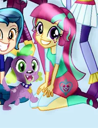 Size: 345x450 | Tagged: source needed, safe, artist:sunsetshimmer1987, derpibooru import, indigo zap, sour sweet, spike, sugarcoat, equestria girls, clothes, cropped, crystal prep academy uniform, female, freckles, leggings, male, school uniform, skirt, smiley face, sourspike