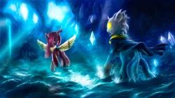 Size: 1920x1080 | Tagged: safe, artist:stdeadra, derpibooru import, oc, changedling, changeling, pony, cape, cave, changeling oc, cloak, clothes, crystal, horn, light, red changeling, water, waterfall, wings, yellow changeling