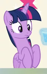 Size: 472x740 | Tagged: alicorn, cropped, derpibooru import, glass of water, safe, screencap, sitting, sitting up, solo, the beginning of the end, twilight sparkle, twilight sparkle (alicorn)