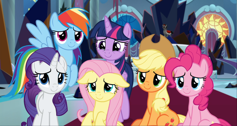 Size: 1667x888 | Tagged: safe, derpibooru import, screencap, applejack, fluttershy, pinkie pie, rainbow dash, rarity, twilight sparkle, twilight sparkle (alicorn), alicorn, earth pony, pegasus, pony, unicorn, the beginning of the end, applejack's hat, canterlot throne room, cowboy hat, cropped, crying, crystal, cute, dark crystal, dashabetes, diapinkes, female, floppy ears, flying, group, hat, jackabetes, looking at you, mane six, mare, raribetes, shyabetes, sitting, smiling, tears of joy, teary eyes, twiabetes