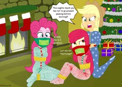 Size: 1058x755 | Tagged: suggestive, artist:robukun, derpibooru import, apple bloom, applejack, pinkie pie, equestria girls, angry, apple sisters, bondage, bound and gagged, christmas, christmas eve, christmas lights, christmas presents, christmas stocking, christmas tree, cloth gag, clothes, female, fireplace, footed sleeper, footie pajamas, gag, gift wrapped, happy bondage, happy hearth's warming, happy holidays, hat, hearth's warming eve, holiday, muffled words, otn gag, over the nose gag, pajamas, present, siblings, sisters, tape, tape gag, tied up, tree