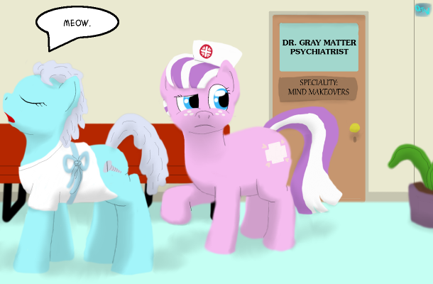 Size: 610x400 | Tagged: safe, artist:quint-t-w, derpibooru import, nurse sweetheart, screw loose, earth pony, pony, 2012, behaving like a cat, door, hospital gown, meow, nurse, old art, plant, psychiatrist, speech bubble