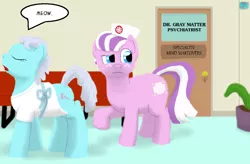 Size: 610x400 | Tagged: safe, artist:quint-t-w, derpibooru import, nurse sweetheart, screw loose, earth pony, pony, 2012, behaving like a cat, door, hospital gown, meow, nurse, old art, plant, psychiatrist, speech bubble