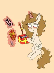 Size: 3031x4096 | Tagged: suggestive, artist:vanifl, derpibooru import, oc, oc:vanilla flavor, pony, unicorn, bell, bell collar, buttplug, collar, cutie mark, female, filly, implied foalcon, lube, present, sex toy, simple background