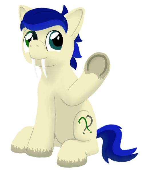 Size: 2500x3000 | Tagged: safe, artist:quint-t-w, derpibooru import, oc, oc:silly words, original species, pony, sabertooth pony, 2020 community collab, derpibooru community collaboration, heterochromia, looking at you, sharp teeth, simple background, sitting, solo, teeth, transparent background, underhoof, unshorn fetlocks, waving