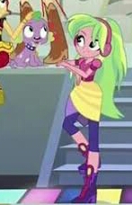 Size: 147x228 | Tagged: safe, derpibooru import, screencap, applejack, lemon zest, spike, sunset shimmer, dog, dance magic, equestria girls, spoiler:eqg specials, boots, clothes, collar, cropped, duo focus, leggings, offscreen character, petting, shoes, skirt, spikezest