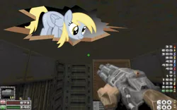 Size: 960x600 | Tagged: artist needed, source needed, safe, derpibooru import, derpy hooves, pegasus, pony, the last roundup, breaking the fourth wall, ceiling pony, cute, derpabetes, doom, doom 2, eviternity, female, first person view, game, gun, mare, matryoshka, meme, minigun, offscreen character, pov, russian overkill, scrunchy face, silly, simple background, solo, transparent background, vector, video game, weapon