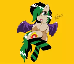 Size: 2048x1769 | Tagged: safe, alternate version, artist:lucas_gaxiola, derpibooru import, oc, oc:ignic rhythm, unofficial characters only, bat pony, pony, bat pony oc, bat wings, bedroom eyes, clothes, female, hair over one eye, lingerie, male, mare, on back, signature, simple background, socks, solo, spread wings, stallion, striped socks, wings