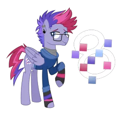 Size: 3595x3431 | Tagged: safe, artist:zapwboltbases, derpibooru import, oc, oc:ultraviolet ray, unofficial characters only, pegasus, pony, icey-verse, clothes, ear piercing, earring, female, fingerless gloves, glasses, gloves, hoodie, jewelry, lip piercing, magical lesbian spawn, male, mare, multicolored hair, offspring, parent:oc:elizabat stormfeather, parent:tempest shadow, parents:canon x oc, parents:stormshadow, piercing, raised hoof, shirt, simple background, solo, stallion, transparent background, wristband