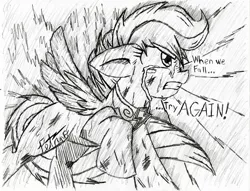 Size: 1022x782 | Tagged: safe, artist:petanoprime, derpibooru import, scootaloo, pegasus, pony, crying, female, filly, injured, monochrome, raised hoof, signature, solo, speech, talking, traditional art