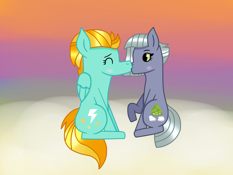 Size: 2048x1536 | Tagged: safe, artist:lightningbolt39, derpibooru import, lightning dust, limestone pie, earth pony, pegasus, pony, blushing, cloud, eyes closed, female, french kiss, kissing, lesbian, limedust, mare, raised hoof, shipping, sitting, sunset