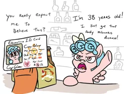 Size: 1152x870 | Tagged: safe, artist:jargon scott, derpibooru import, autumn blaze, cozy glow, pegasus, pony, alcohol, andy milonakis, beer bottle, blatant lies, crystal skull vodka, dialogue, fake id, female, hoof hold, id card, identification card, kirin beer, mare, offscreen character, open mouth, smol, solo focus